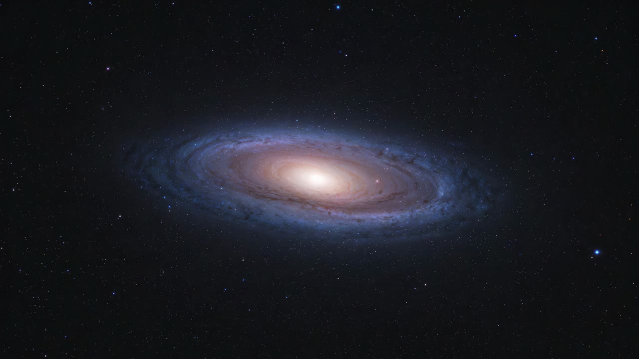 Rotating spiral galaxy turning while scope starting tracking in space, bluish star and faint stars