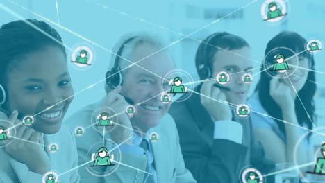 Animation-of-network-of-connections-with-icons-over-diverse-business-people-using-phone-headsets