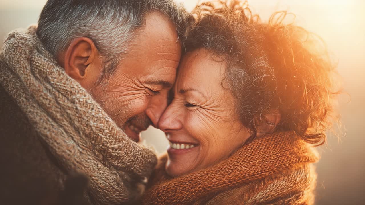 A Heartwarming Moment: Two Individuals Embrace Their Love with Joyful Laughter and Warm Smiles While Enjoying a Beautiful Sunrise Together in Cozy Scarves