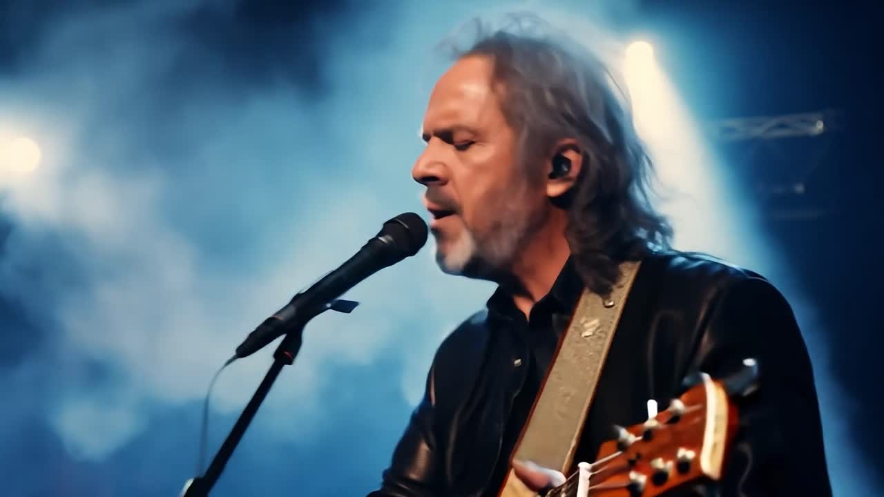 음악가 한 명 이 콘서트 중 무대에서 마이크 로 노래 하고 있다