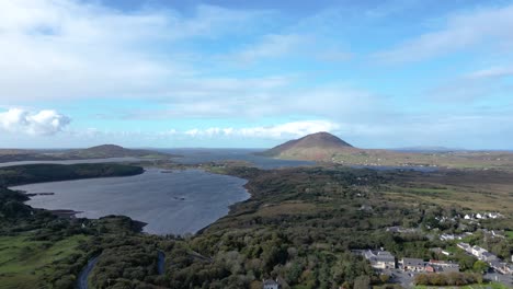 An-aerial-view-from-afar-of-the-Connemara-National-Park-visitor-center,-Galway-County,-Ireland