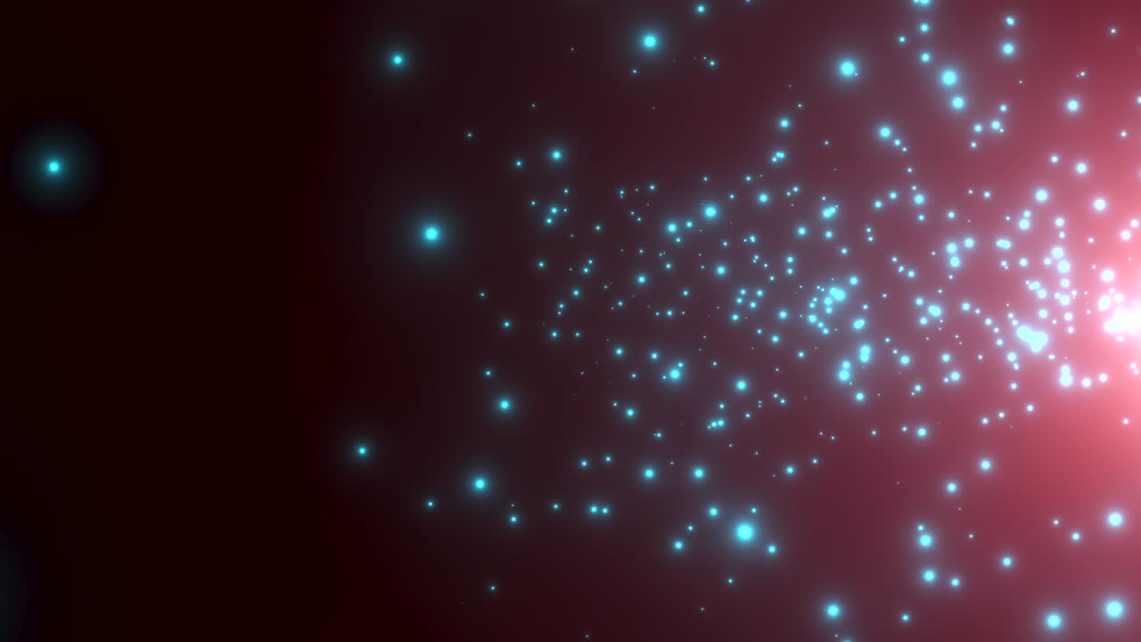 Fly small blue particles and stars on dark background