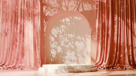 empty white podium with arch on red floor and draped curtains, with tree shadows