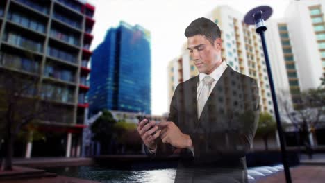 Animation-of-businessman-using-smartphone-over-road-traffic-in-fast-motion