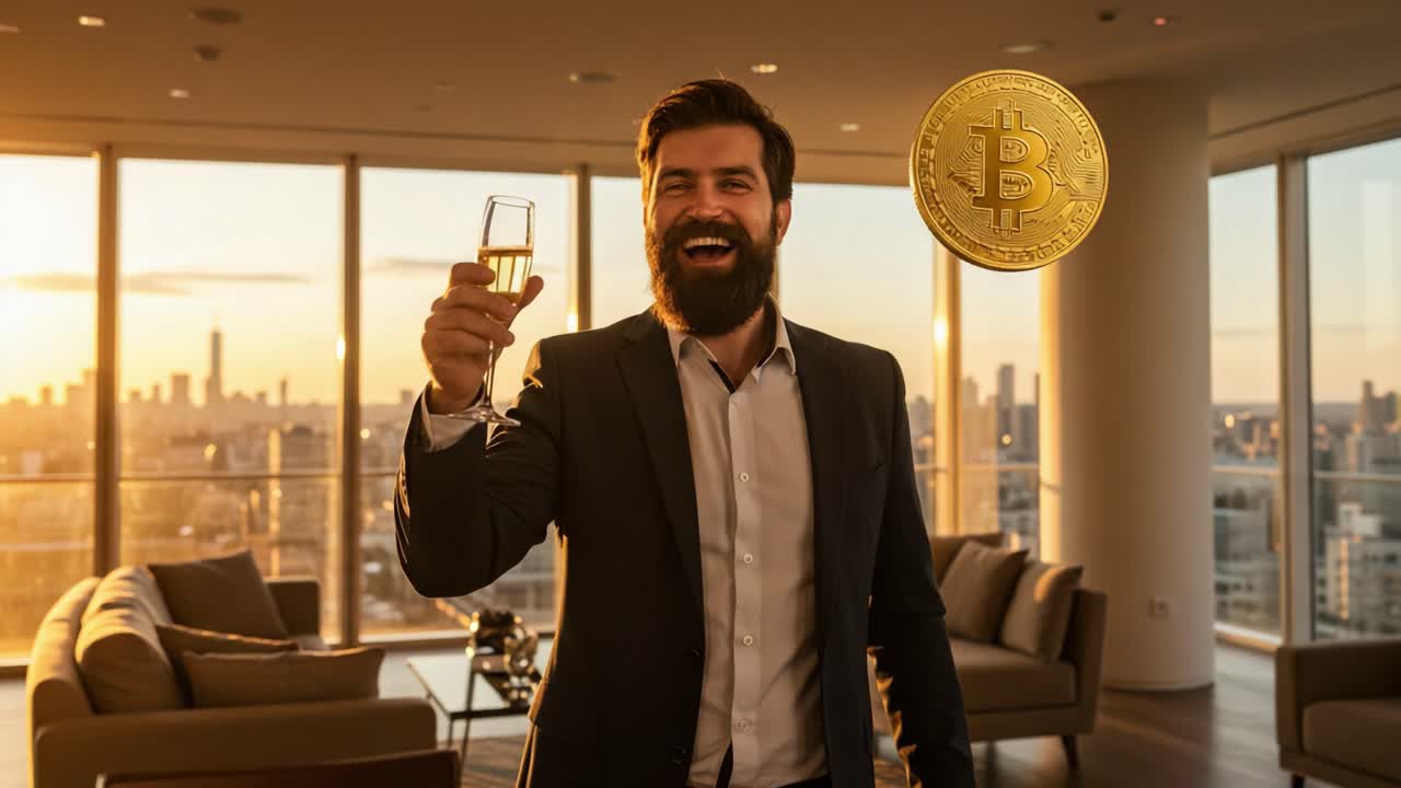 Celebrating Success: A Joyful Moment with Cryptocurrency in a Modern Luxury Lounge Overlooking the City Skyline at Sunset