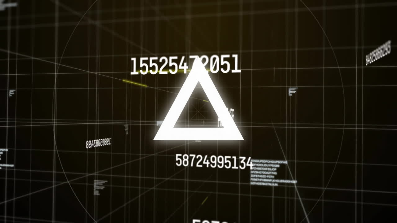 그리드 배경 위에 숫자와 데이터 처리 애니메이션으로 빛나는 삼각형