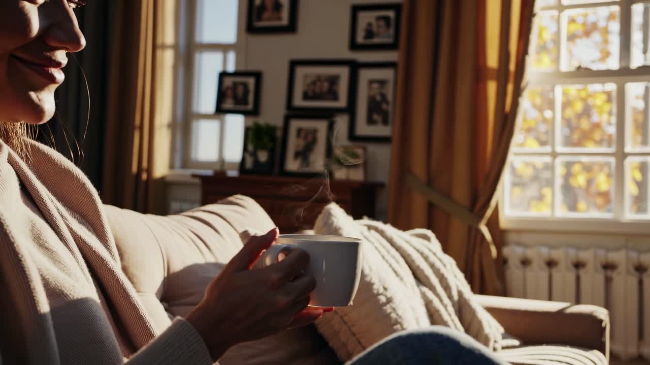 Cozy living room scene with a person holding a steaming mug, captured from a side angle