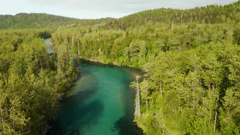 Schöne-Luftaufnahme-Des-Gewundenen-Grünen-Flusses-In-Der-Wildnis-Von-Alaska,-Berge-Im-Hintergrund