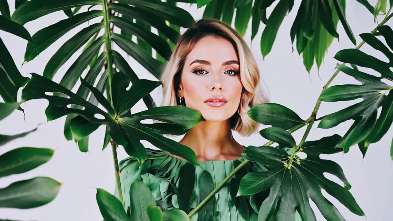 Donna in abito verde con piante tropicali