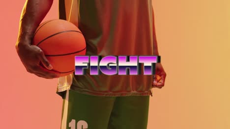 animation of fight text over basketball player on neon background