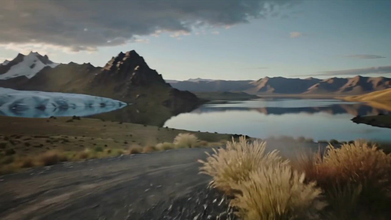 Un'auto davanti si mette in moto, la strada sterrata guida la telecamera dal villaggio verso il ghiacciaio e il lago.