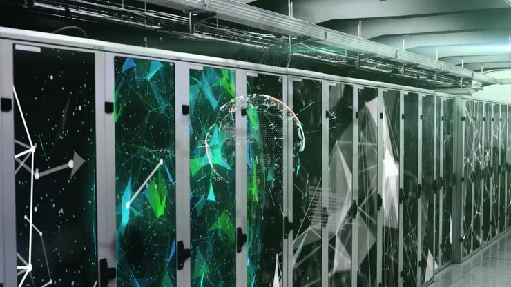 Animation of network of connections with globe over computer servers