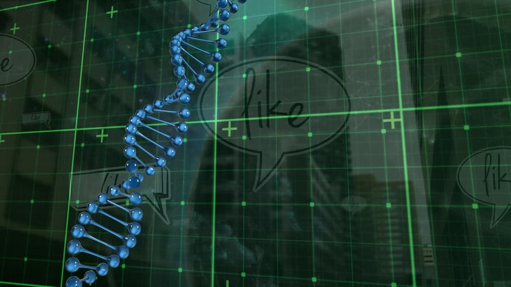 Animation of spinning dna strand over grid and city scape