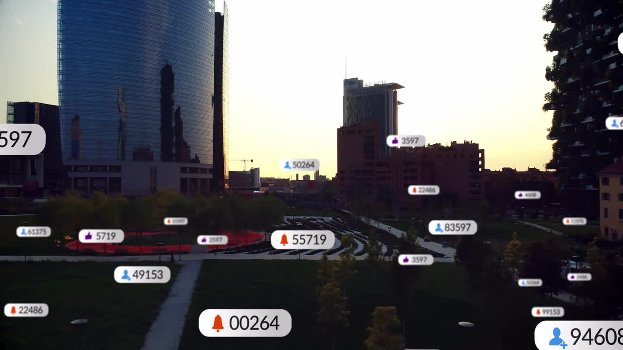 Cityscape with social media notifications animation over urban park and buildings