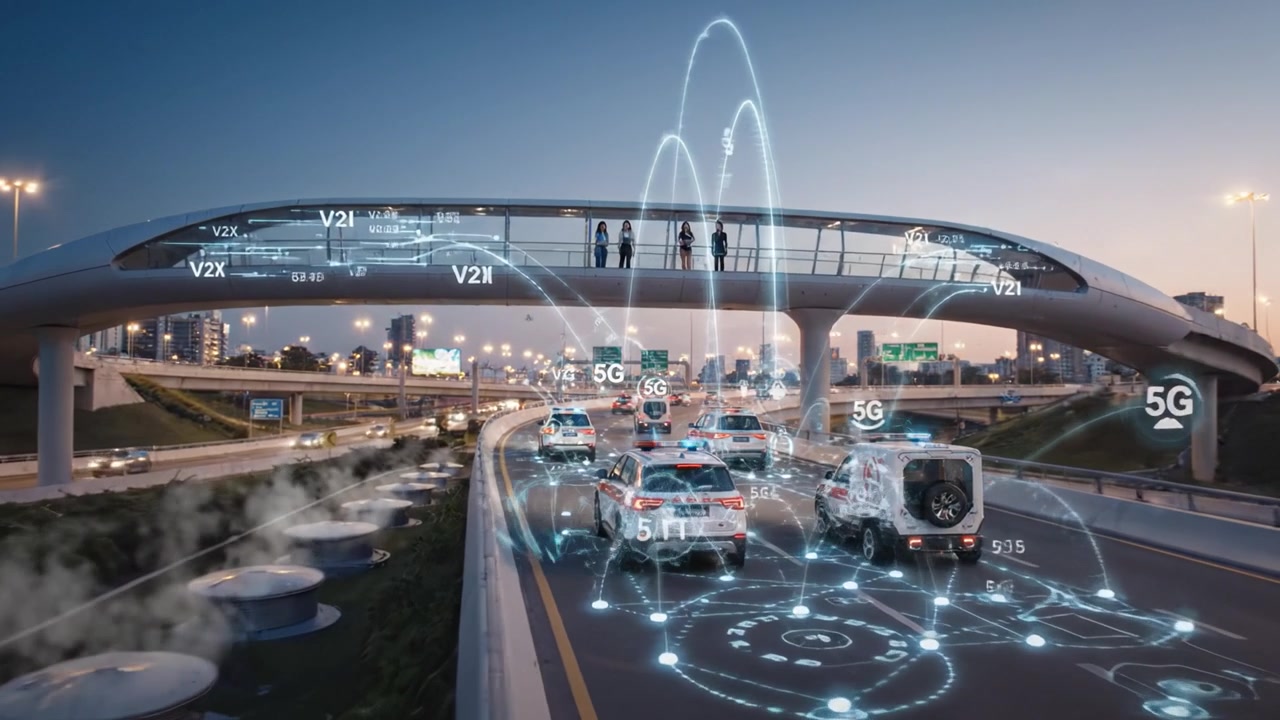 La moderna infrastruttura urbana mostra trasporti e connettività innovativi in una Smart City con funzionalità avanzate come la tecnologia 5G, che migliora il flusso del traffico e la sicurezza.