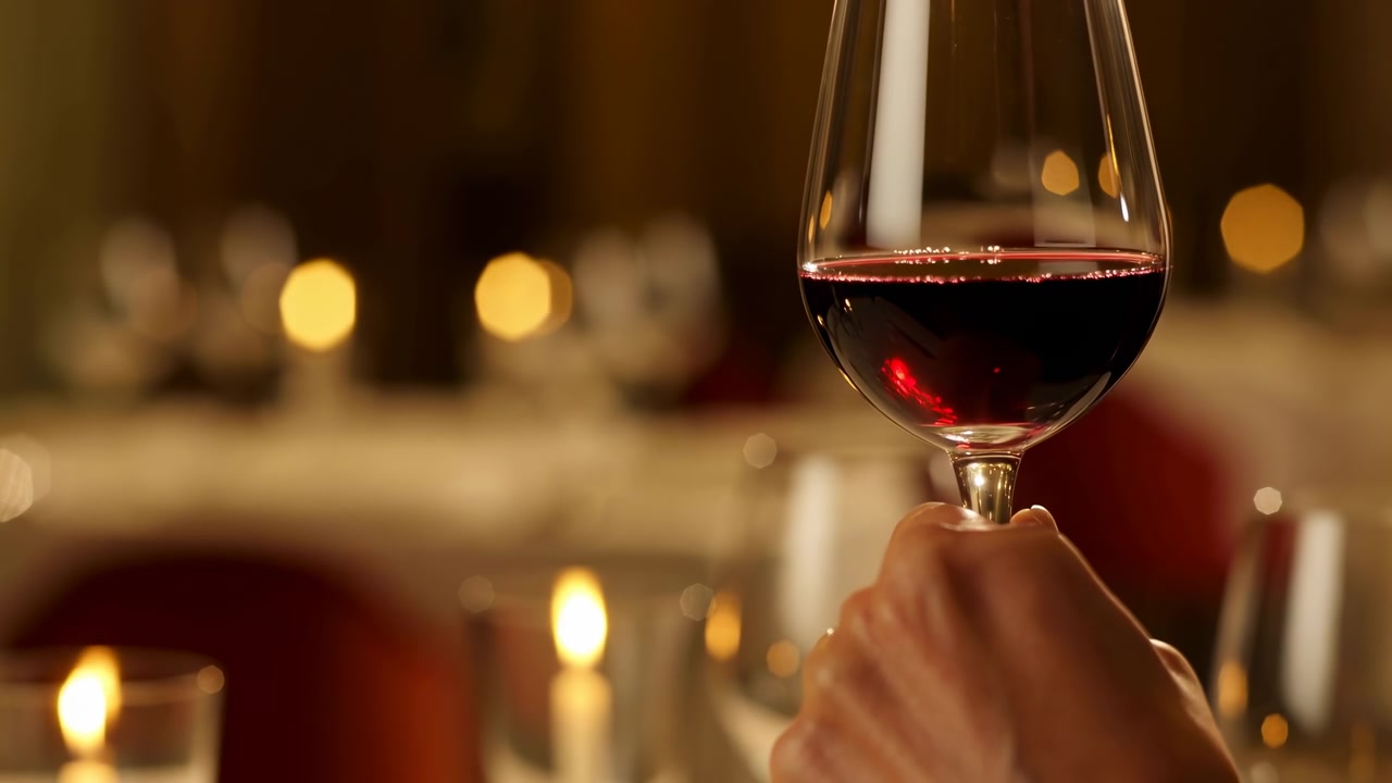 Primer plano de una mano sosteniendo una copa de vino llena de vino tinto intenso, elevada sobre una mesa de comedor a la luz de las velas, con reflejos brillantes en el borde, un suave bokeh ámbar y un ambiente de cena romántica refinada.