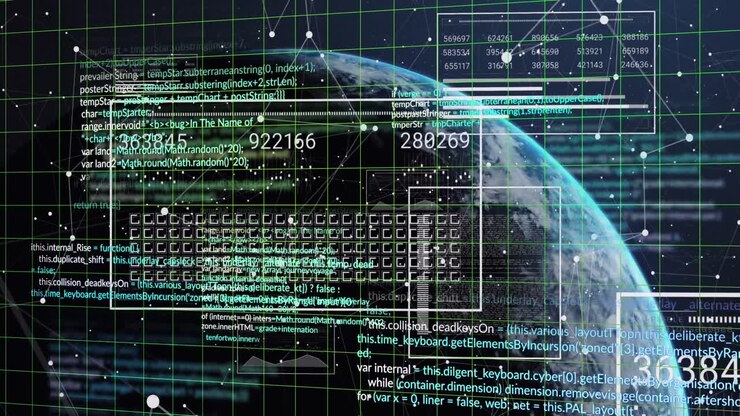 Animation of computer language, connected dots, changing numbers, graph over globe