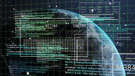 анимация компьютерного языка, соединенные точки, изменяющиеся числа, график на земном шаре