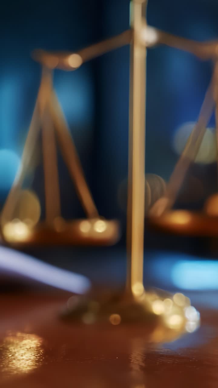 Elegante primo piano sfocato di una bilancia della giustizia classica, simbolo di equilibrio legale ed equità su uno sfondo da sogno