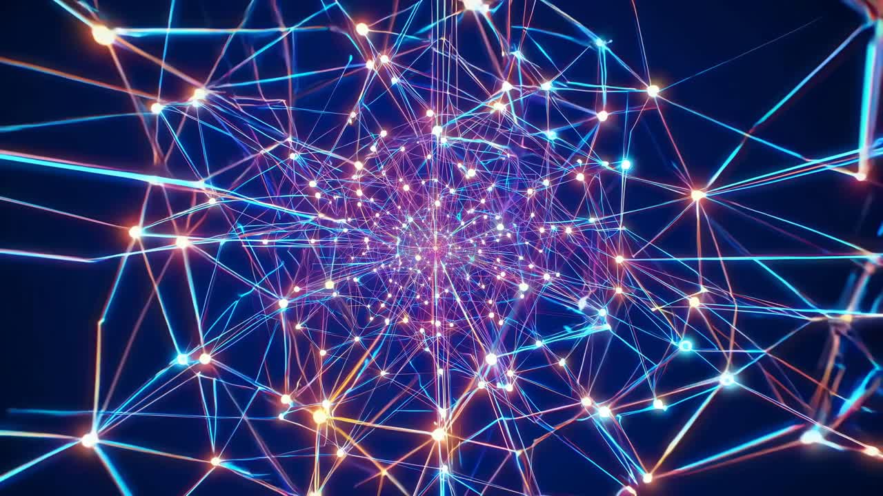 Dynamic video of a digital network with glowing nodes and lines