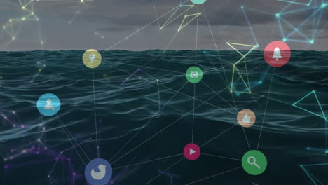 social media icons and network connections animation over ocean waves