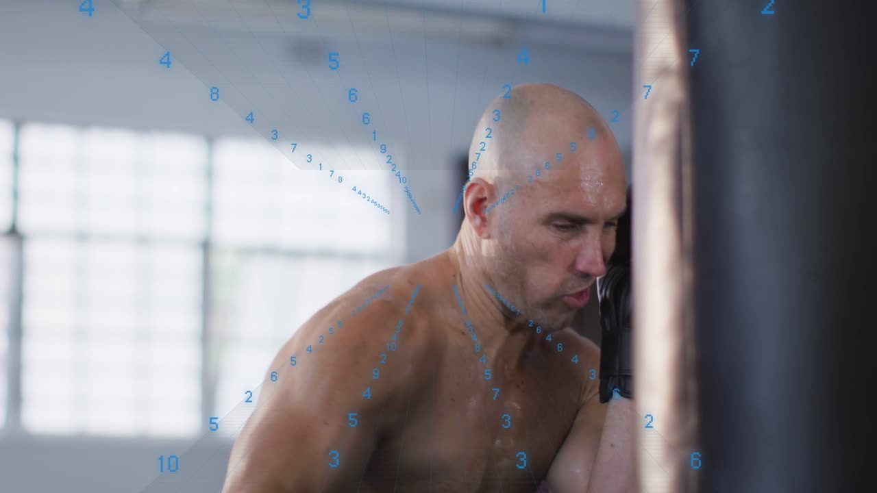 Male boxer stepping to bag, throwing jabs and hooks in gym, blue radial overlay tracking fitness