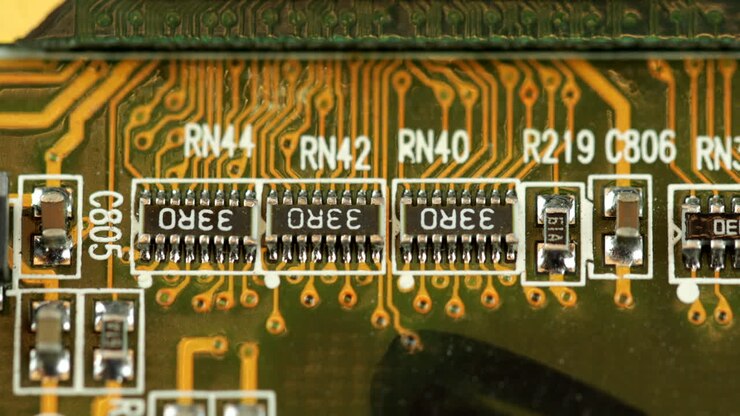 Microchip montati su superficie verde di un circuito stampato