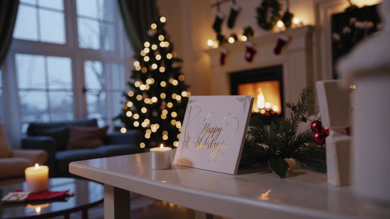 Cozy holiday scene with a warm, inviting atmosphere. Low-angle video captures a festive card