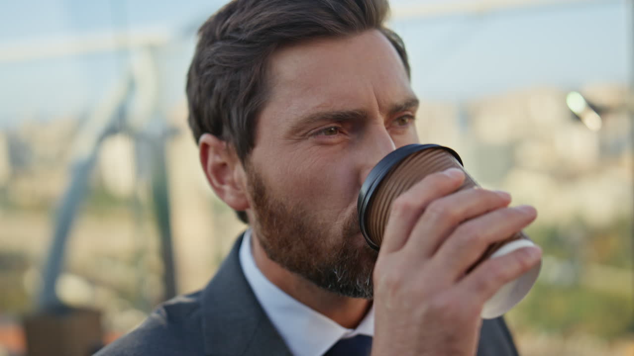 Closeup hands type mobile phone screen. Corporate man professional drink coffee