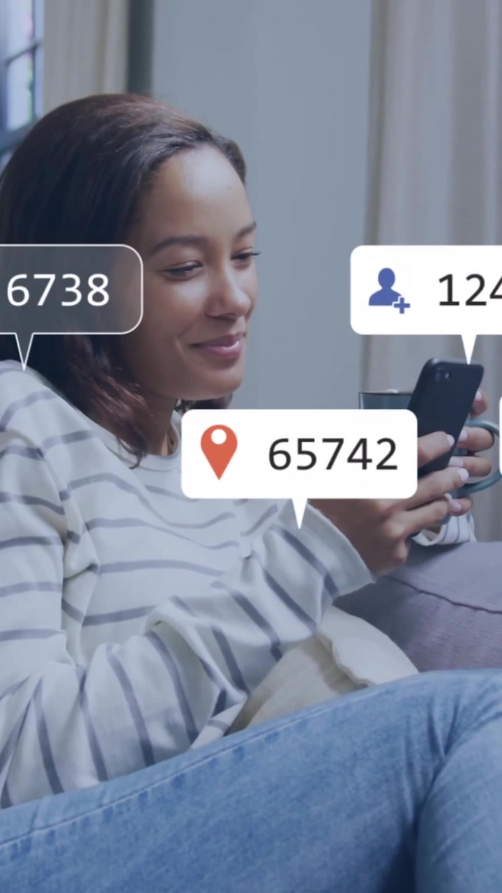 Checking smartphone, woman surrounded by animated social media notifications