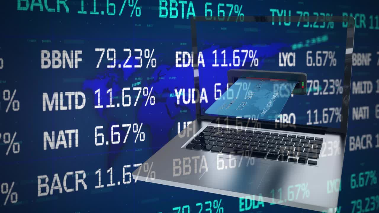 Animation of financial data processing over credit card inserted into laptop