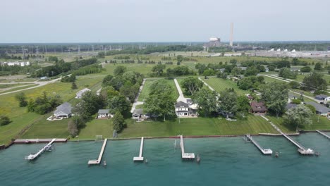 iconic homes along st clair river in michigan, aerial view