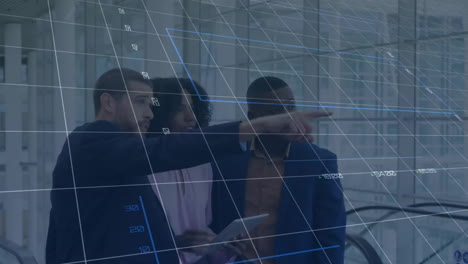 Animation-of-financial-data-processing-over-diverse-businesspeople-with-tablet