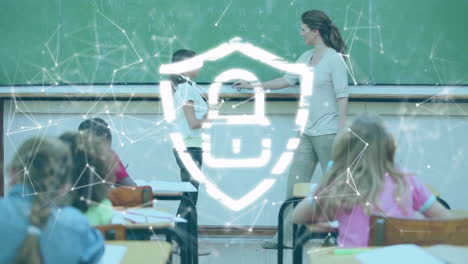 teacher and students in classroom with digital network animation overlay