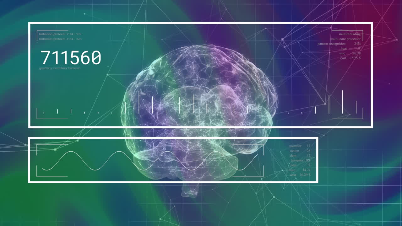 Animation of interface with data processing over human brain icon against gradient background