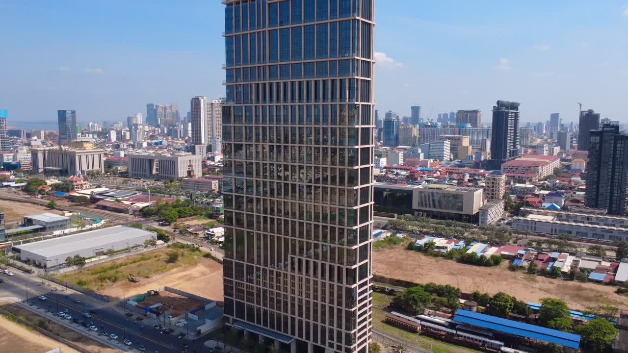 Close-up aerial view, downtown urban real estate, condominium property