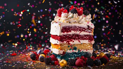 slice of red velvet cake with berries and confetti