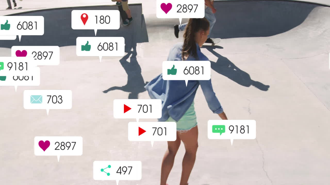Group of friends skating in outdoor skatepark, with floating social media icons for marketing
