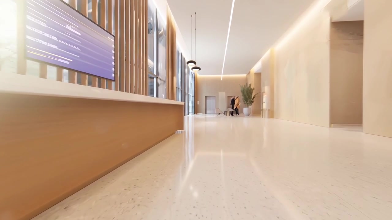 Luminoso y amplio vestíbulo de oficina moderno con mostrador de recepción