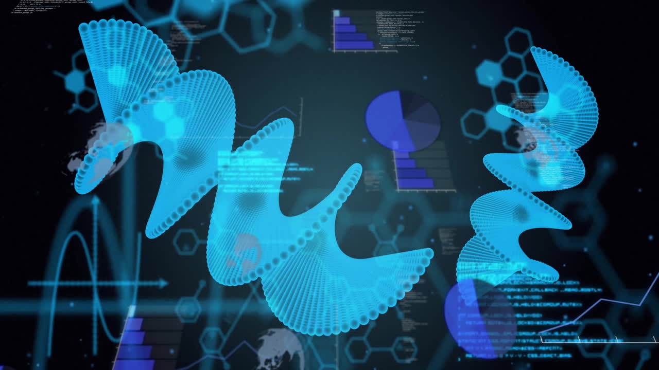 검은색 배경에서 dna 줄무의 애니메이션과 과학 데이터 처리가