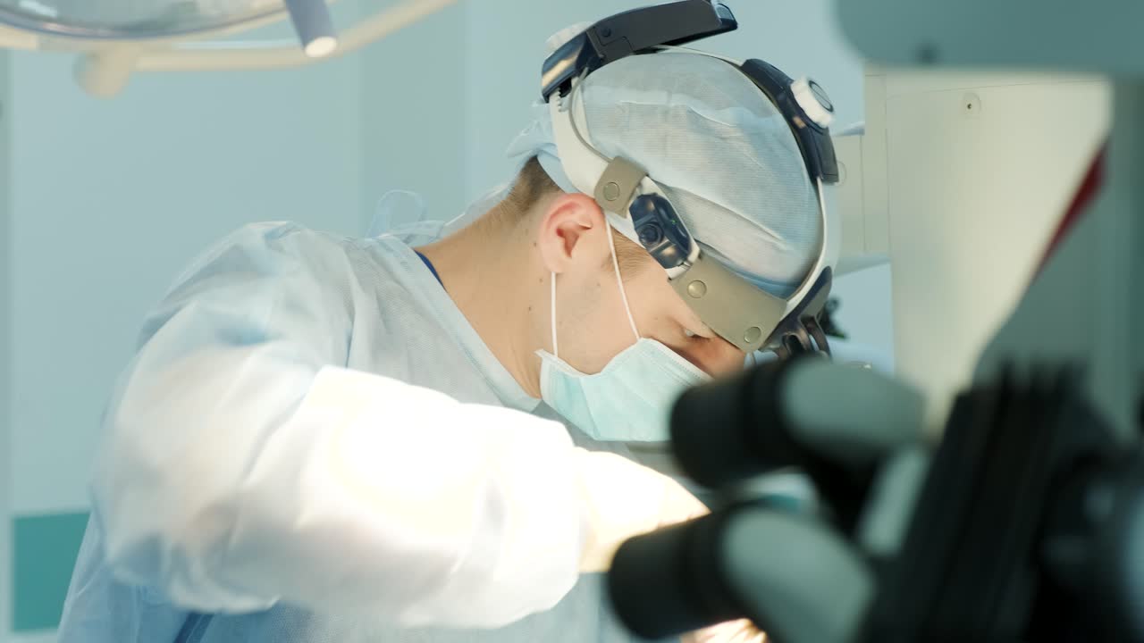 los cirujanos realizan una operación y miran a través de un microscopio