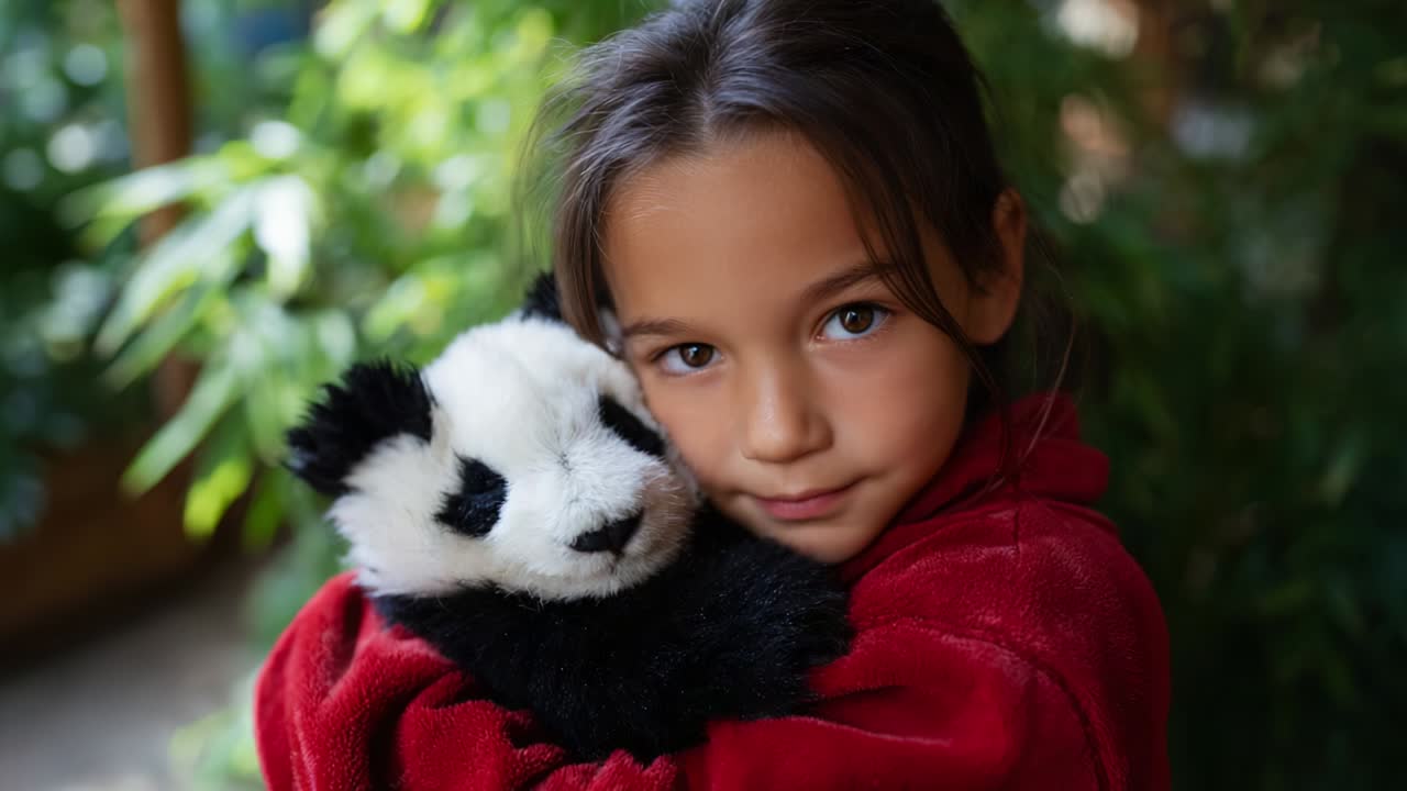 A young girl in a cozy red hoodie holds a plush panda toy close to her face, radiating warmth and affection against a backdrop of lush greenery, capturing a moment of innocence and childhood joy