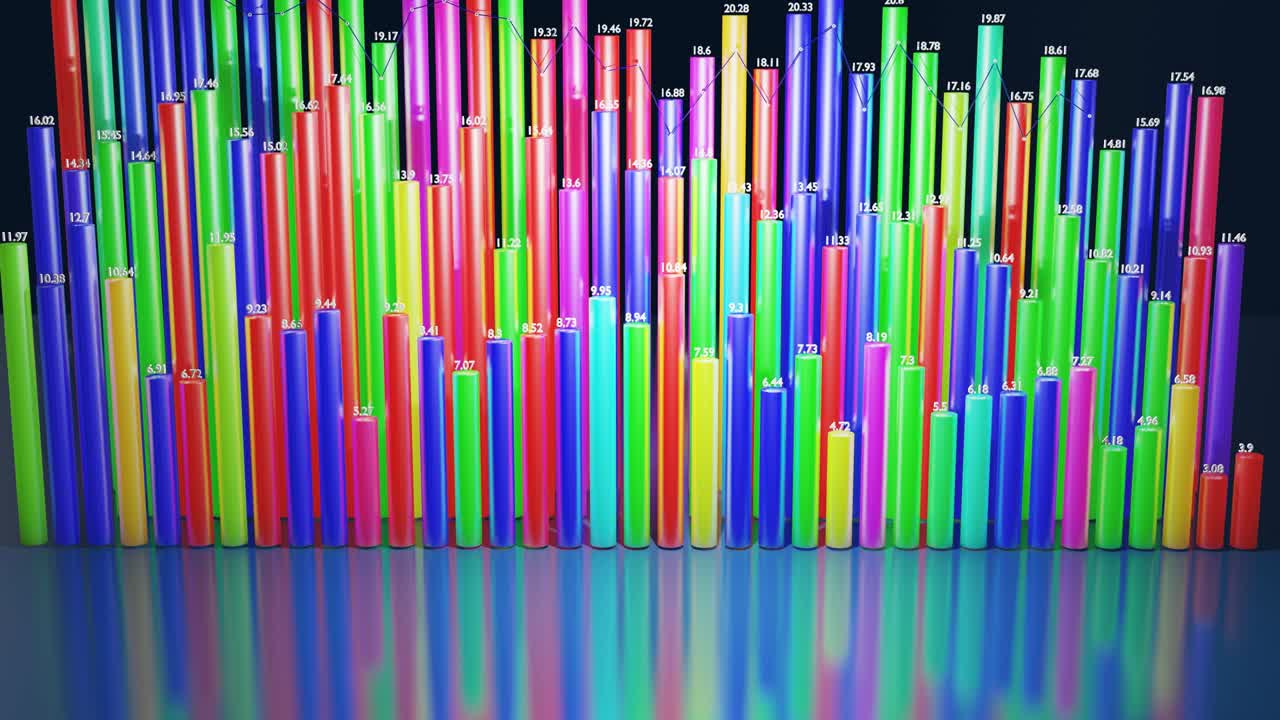 barras multicolores, contadores y gráficos. hermoso fondo en bucle 3d para programas analíticos con infografías abstractas, datos estadísticos. columnas 3d se mueven suavemente arriba y abajo en bucle. bg financiero