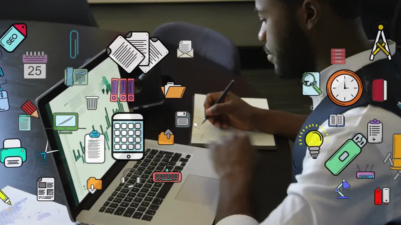 Animation of various icons flying over a man working at home and using laptop
