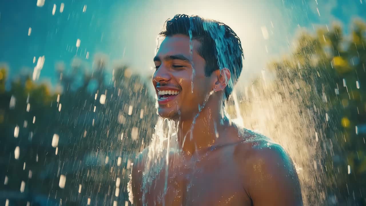 屋外でシャワーを浴びる男性