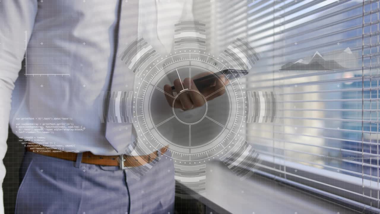 Businessman tapping smartphone beside blinds, checking data causing HUD and code rotating