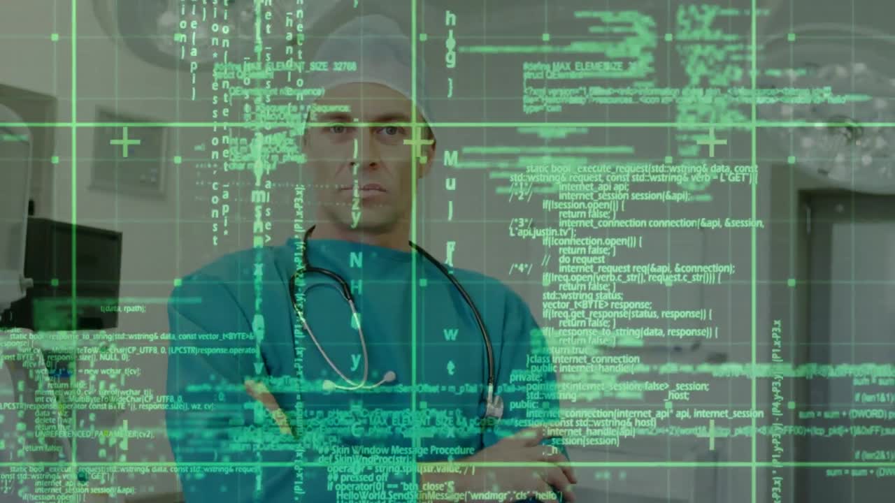 Animation of data processing over caucasian male surgeon