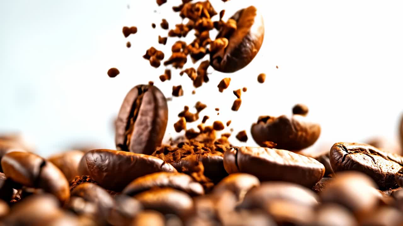Kaffebønner falder ned på en overflade. Kaffebønner falder ned med malet kaffe omkring dem på en lys overflade om dagen.