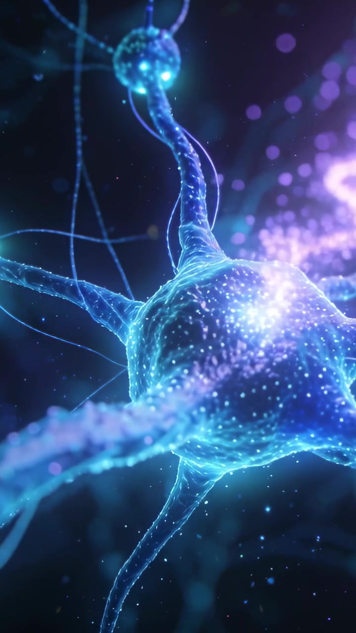Vertical video: Pulsing neuron soma receiving bouton spark in lab, emitting particle pulse