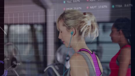 animación del procesamiento de datos del mercado de valores sobre una mujer en forma caucásica corriendo en una cinta de correr en el gimnasio.